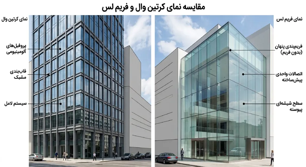 مقایسه و تفاوت کرتین وال و فریم لس؛ کدام نمای شیشهای برای ساختمان بهتر است؟ 1 j10
