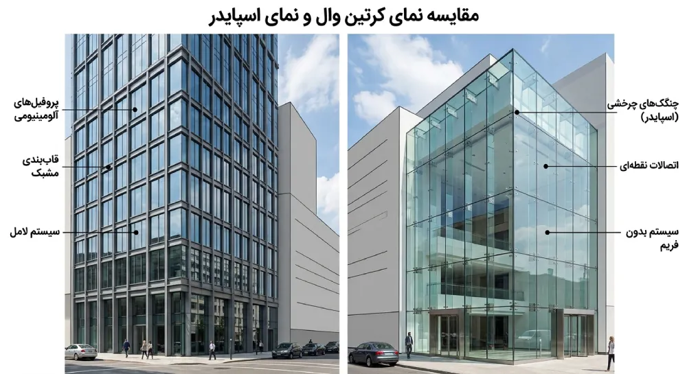 مقایسه نمای کرتین وال و اسپایدر؛ کدام نمای شیشهای بهتر است؟ 1 j12