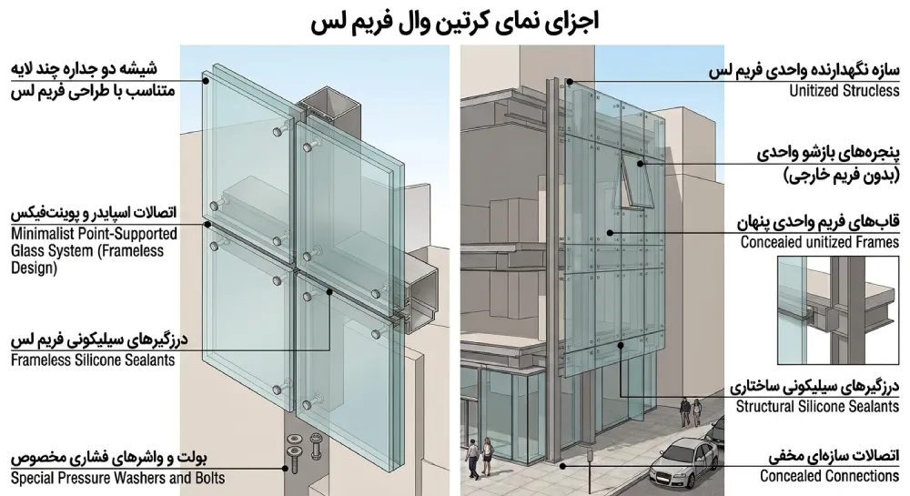 مقایسه و تفاوت کرتین وال و فریم لس؛ کدام نمای شیشهای برای ساختمان بهتر است؟ 4 j7