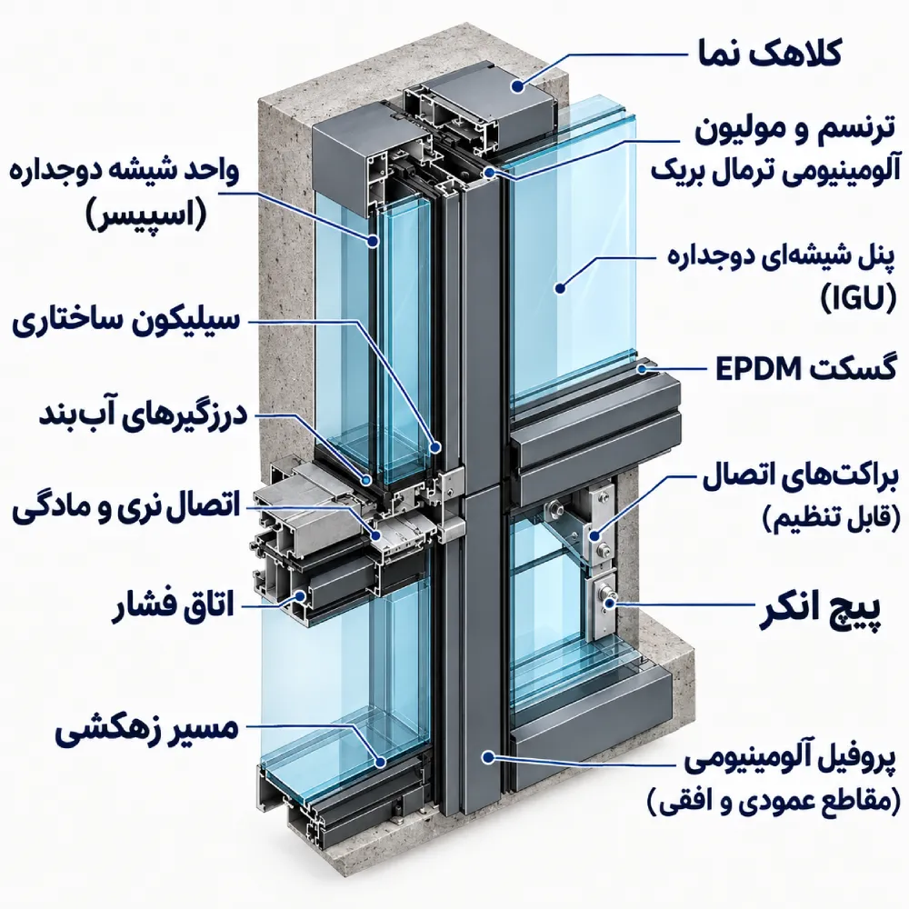 ساخت و اجرای کرتین وال | طراحی و نصب نمای شیشهای مدرن 1 VVaa